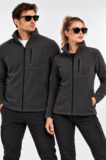 Unisex Polar Tam Fermuarlı 3 Cepli Tüylenme Yapmaz Soğuğa Karşı Dayanaklı Spor Erkek-Kadın Polar Tekli-Koyu Füme