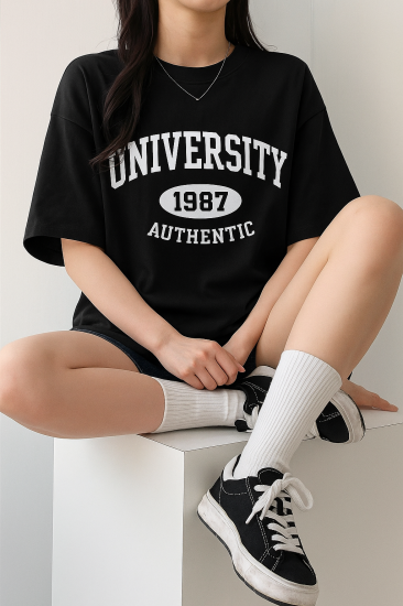 Kadın Tişört Baskılı Uzun T-shirt Pamuklu Oversize Tişört UNIVERSİTY-KADIN-Siyah