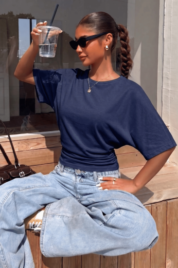 Kadın Bele Oturan Geniş Kollu Bluz Yarasa Kol Siyah Bluz YARASA-BLUZ-Lacivert