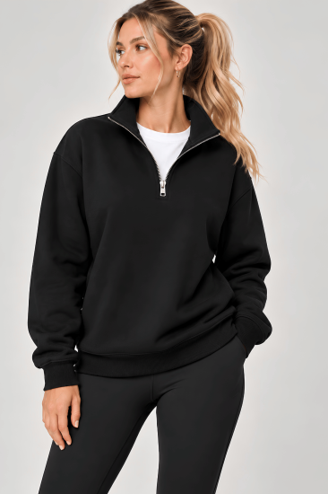 Kadın Sweatshirt Dik Yaka Yarım Fermuarlı Oversize Kalıp İçi Polarlı Spor Sweatshirt YARIM-KADINSWEAT