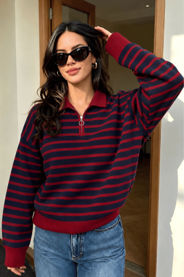Kadın Çizgili Yarım Fermuarlı Polo Yaka Oversize Triko Kazak YARIMFER-TRİKO