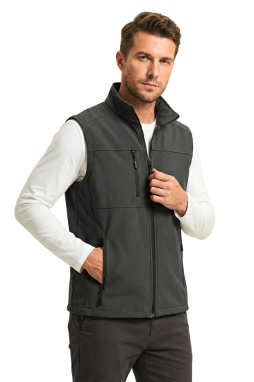 Erkek Yelek Softshell Su Geçirmez Tam Fermuarlı Cepli Normal Kalıp Spor Yelek-Füme