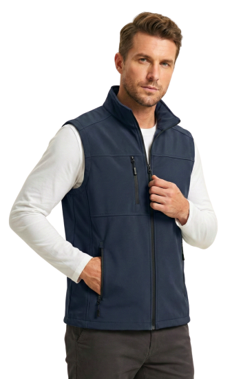 Erkek Yelek Softshell Su Geçirmez Tam Fermuarlı Cepli Normal Kalıp Spor Yelek-Lacivert