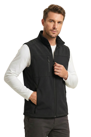 Erkek Yelek Softshell Su Geçirmez Tam Fermuarlı Cepli Normal Kalıp Spor Yelek-Siyah