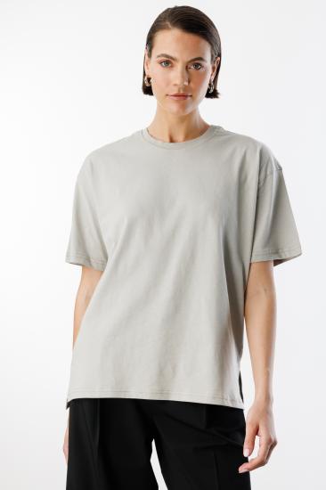 Kadın %100 Organik Pamuk Relaxed Fit Yırtmaçlı Yuvarlak Yaka T-shirt YIRTMAÇLI-T-SHIRT-Gri