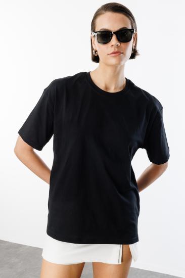 Kadın %100 Organik Pamuk Relaxed Fit Yırtmaçlı Yuvarlak Yaka T-shirt YIRTMAÇLI-T-SHIRT-Siyah