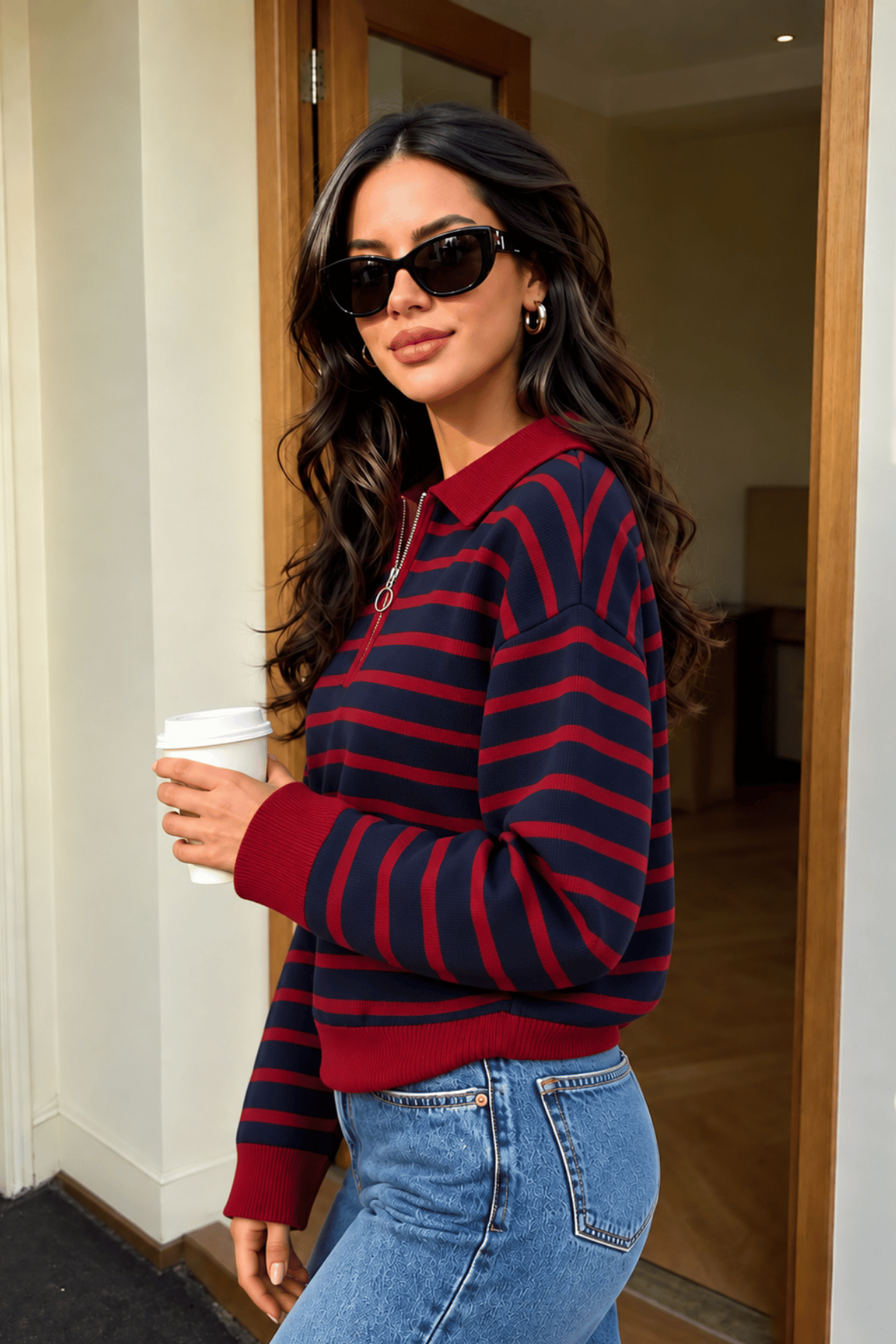 Kadın%20Çizgili%20Yarım%20Fermuarlı%20Polo%20Yaka%20Oversize%20Triko%20Kazak%20YARIMFER-TRİKO