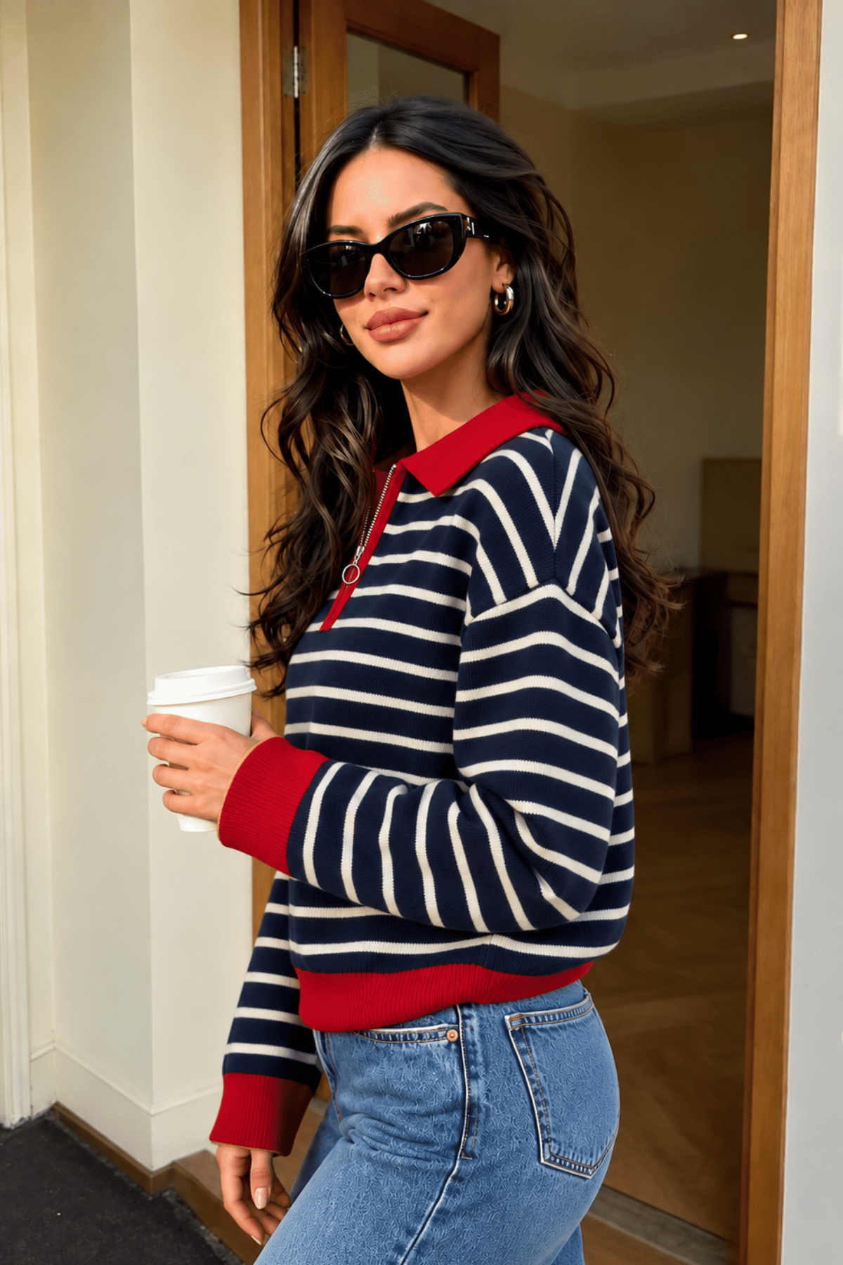 Kadın%20Çizgili%20Yarım%20Fermuarlı%20Polo%20Yaka%20Oversize%20Triko%20Kazak%20YARIMFER-TRİKO-Lacivert