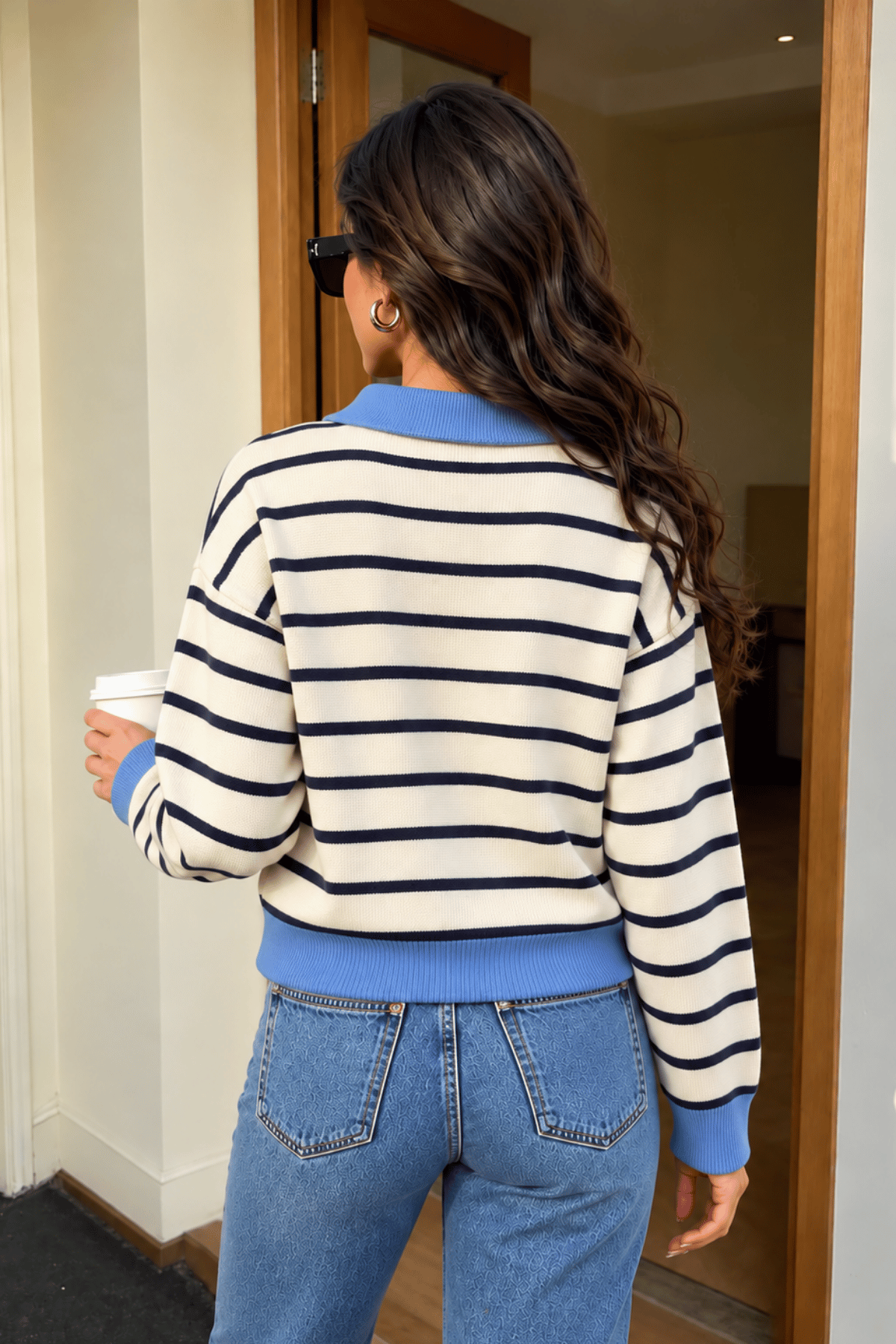 Kadın%20Çizgili%20Yarım%20Fermuarlı%20Polo%20Yaka%20Oversize%20Triko%20Kazak%20YARIMFER-TRİKO-Mavi